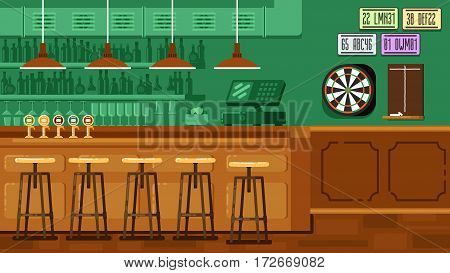 Bar Restaurant with counter in flat style. banner of interior with bar counter, bar chairs and shelves with alcohol.