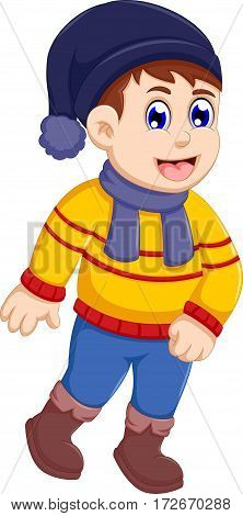 funny little boy cartoon wearing winter clothes