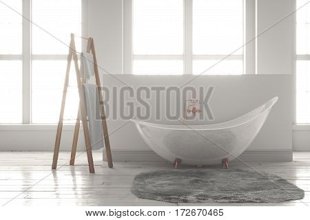 3D rendering of bathtub with wooden towel and deep-piled carpet on a wooden floor in front of large windows