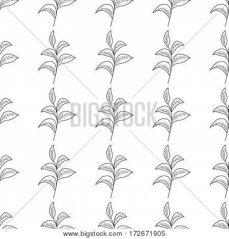 Green tea leaf illustration branch organic hand drawing sketch vertical seamless pattern