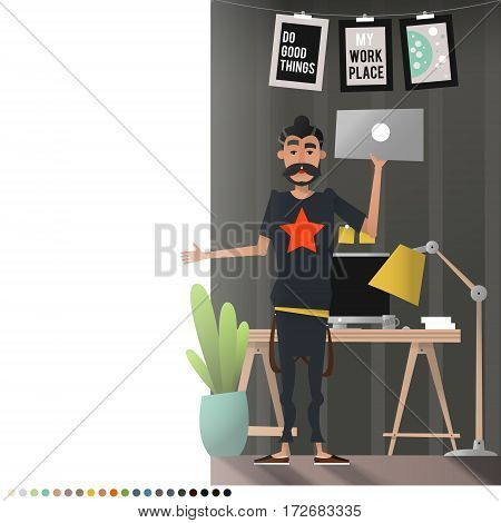 The design of the workplace. Cartoon man in his office dreaming about the future. Vector illustration