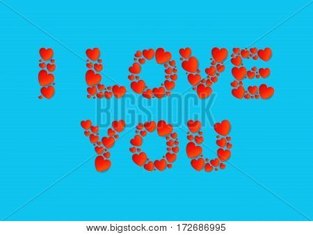 I Love You letters flat lay with red vector paper hearts on blue background. Love and Valentine's Day concept.