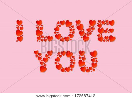 I Love You letters flat lay with red vector paper hearts on pink background. Love and Valentine's Day concept.