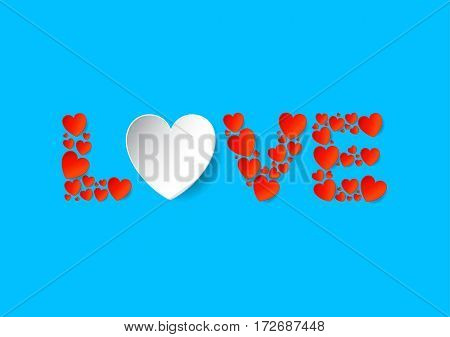 Love letters flat lay with red vector paper hearts on blue background. Love and Valentine's Day concept.