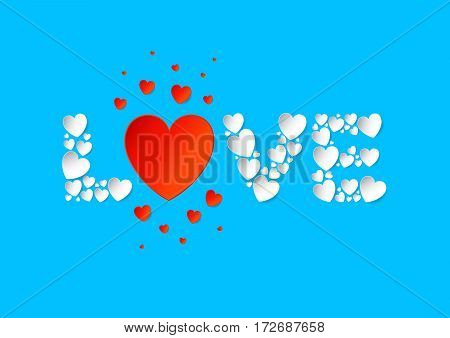 Love letters flat lay with white and red vector paper hearts on blue background