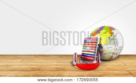 E-book With Globe Audio Learning Languages Wood Background 3D Render Success Knowlage Concept