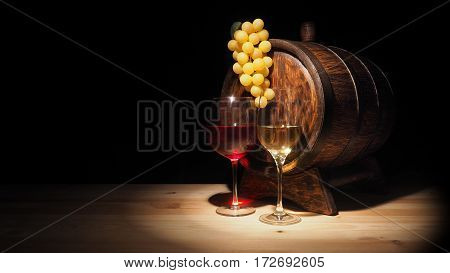 Glass Of Red , White Wine And Barrel On Wooden Table