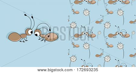 Cute ants. Vector illustration. And seamless pattern with ants and dandelions.