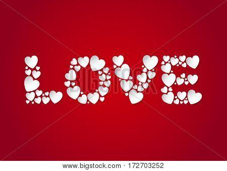 Love letters flat lay with white vector paper hearts on red background. Love and Valentine's Day concept.