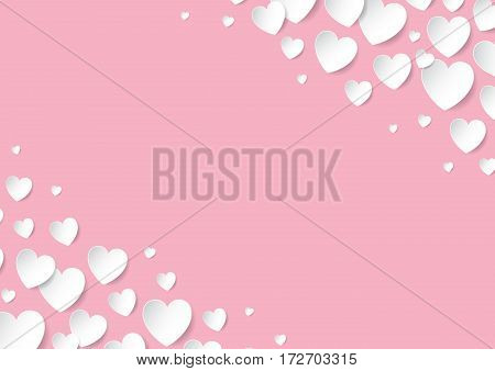 Valentines Day card with scattered vector paper hearts on pink background. Copy space.