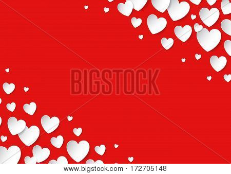 Valentines Day card with scattered vector paper hearts on red background. Copy space.