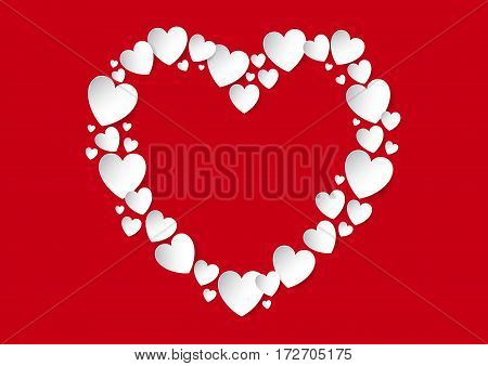Valentines Day Heart flat lay with white vector paper hearts on red background. Love concept and copy space.