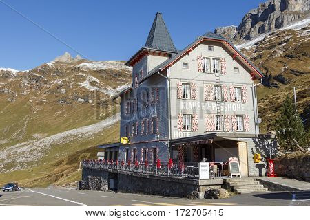 KLAUSEN, SWITZERLAND - CIRCA 2015: The KlausenPassHohe, or Klausenpass Hotel