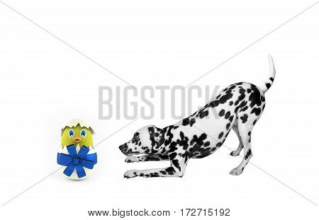 Cute Easter dog with egg chicken isolated on white background
