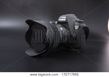 Gomel, Belarus - 22 February 2017: Canon Camera - 6D With Sigma Lenses - 24 On The Black Background.