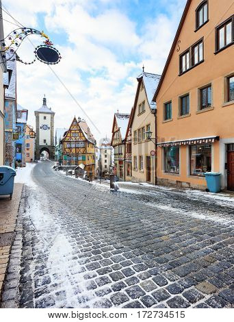Amazing winter in old town of Rothenburg ob der Tauber, Middle Franconia, Bavaria, Germany