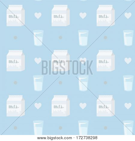 Seamless milk theme pattern. Box, glass. Blue color.