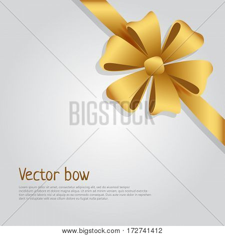 Vector bow web banner. Golden wide ribbon in right corner. Isolated bow of six tied bright petals, without tails. Colourful decoration for boxes, presents, gifts. Cartoon style. Flat design. Vector