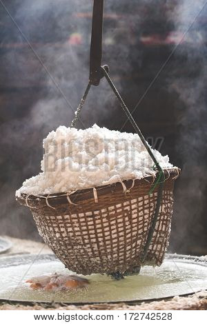 Boiling Rock Salt Traditional Salt Making Of Nan Province,thailand. Selective Focus.