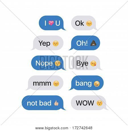 Set of SMS bubbles messages with dialog words and emoji. Vector illustration.