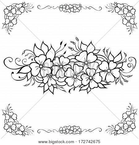 Simple floral ornament elements of doodling. Black and white version.