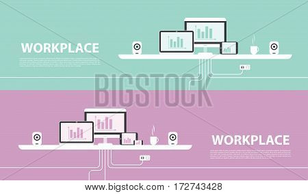 Vector illustration in flat design. Office interior in monotone minimalistic style. Web banner and presentations template.
