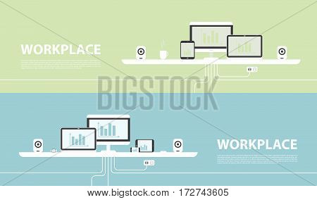 Vector illustration in flat design. Office interior in monotone minimalistic style. Web banner and presentations template.