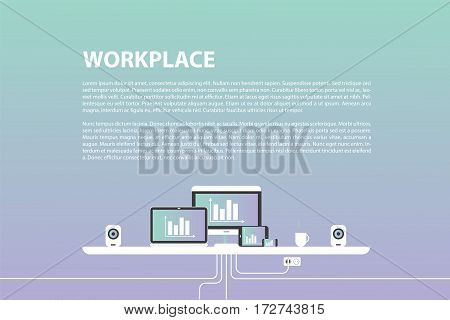 Vector illustration in flat design. Office interior in monotone minimalistic style. Web banner and presentations template.