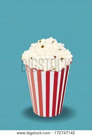 Striped popcorn snack bucket. Vector illustration on blue background