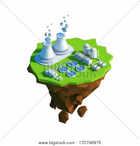 Isometric view low poly nuclear power plant. 3D illustration