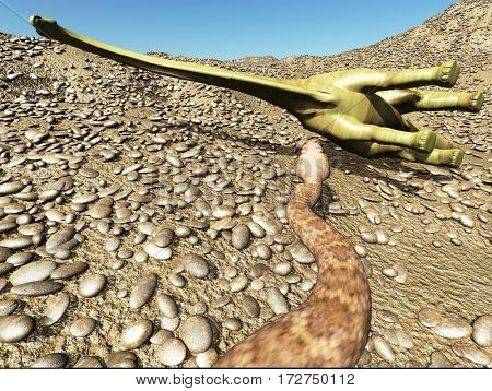Dinosaurs Jurassic prehistoric scene dinosaur fighting with snake 3d rendering