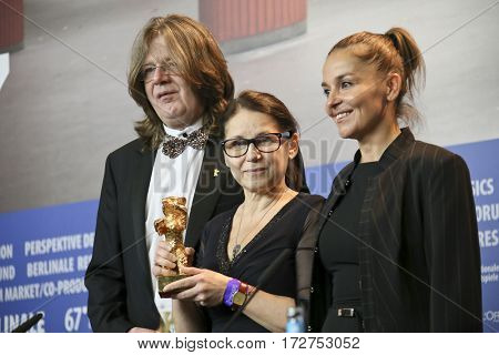 Ildiko Enyedi,  Monika Mecs , Golden Bear for Best Film 'On Body and Soul' , attend the press conference during the 67th Film Festival Berlin at Hyatt Hotel on February 18, 2017 in Berlin, Germany. 