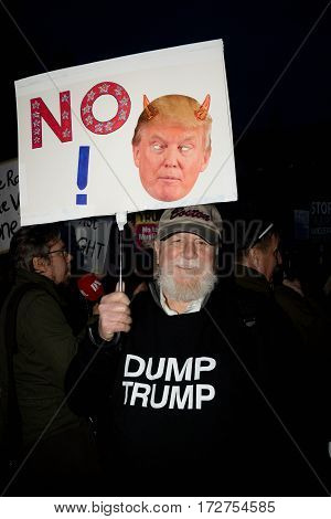 London United Kingdon - Febuary 20th 2017: Protesters gather in Parliment Square to protest the invitation to United States President Donald Trump on a state visit to Great Britain as Parliment debate the visit