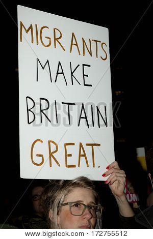 London United Kingdon - Febuary 20th 2017: Protesters gather in Parliment Square to protest the invitation to United States President Donald Trump on a state visit to Great Britain as Parliment debate the visit