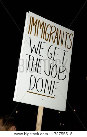 London United Kingdon - Febuary 20th 2017: Protesters gather in Parliment Square to protest the invitation to United States President Donald Trump on a state visit to Great Britain as Parliment debate the visit