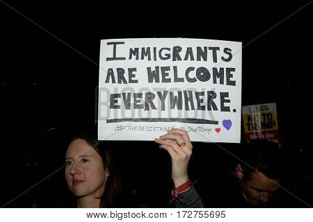London United Kingdon - Febuary 20th 2017: Protesters gather in Parliment Square to protest the invitation to United States President Donald Trump on a state visit to Great Britain as Parliment debate the visit