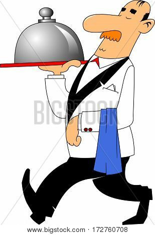 A welcoming stylised waiter character holding a serving platter or silver cloche