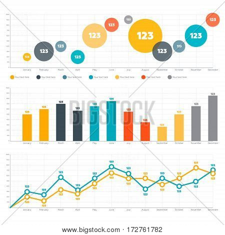 Infographics elements. Line chart, bar chart and circle diagram