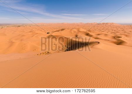 Panormaic view over the dunes of Erg Chebbi Desert near Merzouga, Morocco.