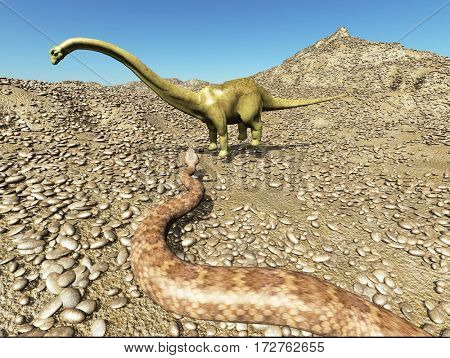 Dinosaurs Jurassic prehistoric scene dinosaur fighting with snake 3d rendering