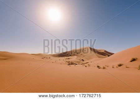 Panormaic view over the dunes of Erg Chebbi Desert near Merzouga, Morocco.