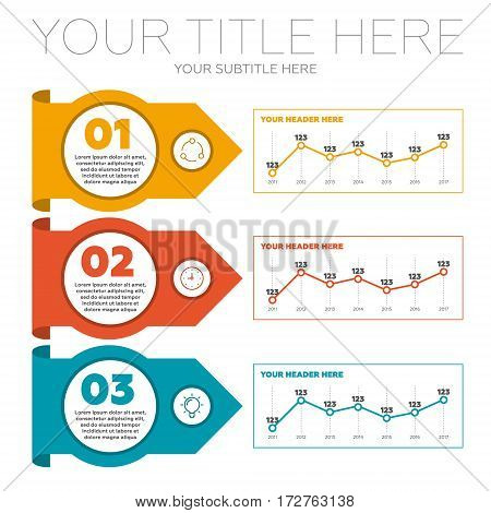 Infographics elements. 3 steps and line chart vector illustration