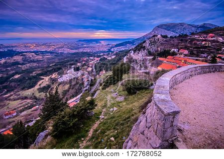 Aerial sunset view at Split city region with suburb and islands in background, Croatia, european travel places.
