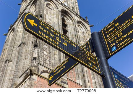 Tourist Sign In Front Of The Martini Tower In Groningen