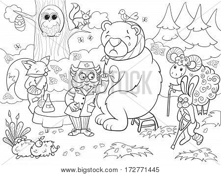 Veterinarian treats animals in the forest vector illustration. Coloring book educational game for kids educational game. Nature, doctor