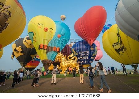 Chiang Rai, Thailand - February 14 2017: Singha Park Chiang Rai Balloon Fiesta 2017. This festival is ASEAN's biggest balloon festival, the event is part of Thailand's 2017 Valentine's celebrations.