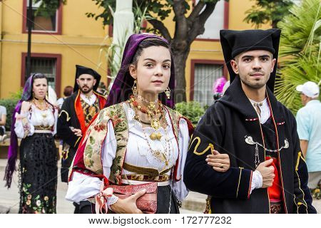 SELARGIUS, ITALY - September 13, 2015 Ancient marriage Selargino - Sardinia - Parade of folk group Don Milani Dorgali