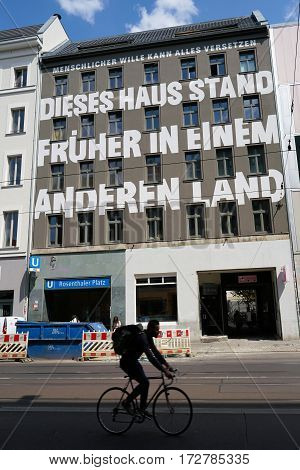 BERLIN, GERMANY - MAY 12, 2016: House in the Brunnenstrasse in Berlin with the inscription 