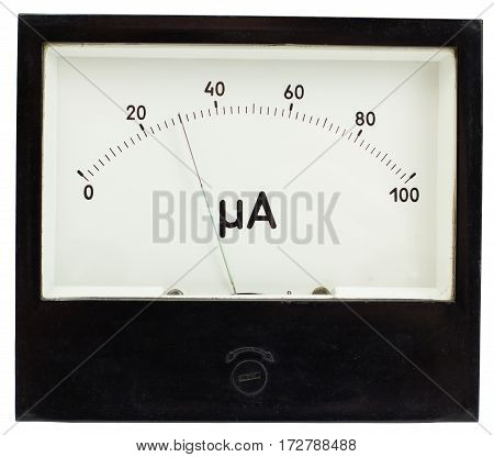Black square analog ampermeter isolated on white background with 30 uA reading on scale.