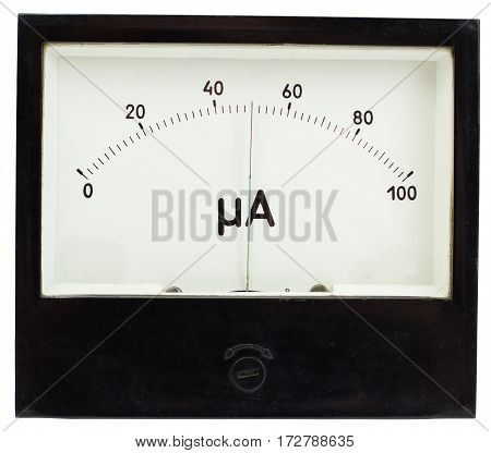 Black square analog ampermeter isolated on white background with 50 uA reading on scale.